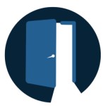 logo: a navy circle with a blue door that is ajar